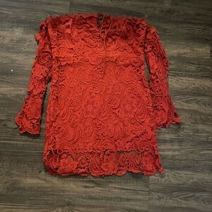 Fashion Nova Red Lace Long Sleeve Dress